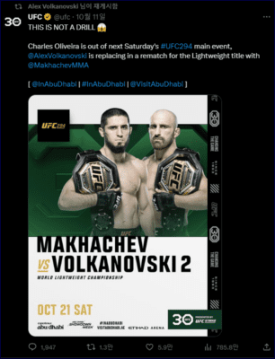 볼카노프스키 마카체프 2차전 중계 UFC 294 라이트급 타이틀전